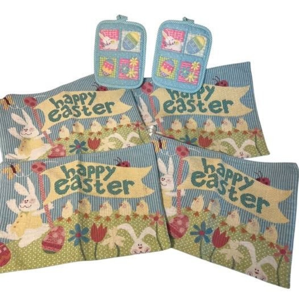 Easter Decor 4 Blue Linen Pastel Easter Placemats 2 Oven Mitts READ‎ MINOR FLAWS